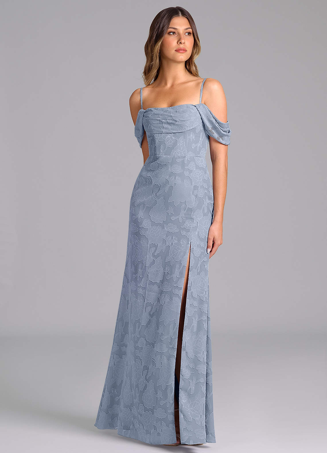 Azazie Saige At-home Try On Dresses Dusty Blue A-Line Off the Shoulder Floral Burnout Convertible Dress image4