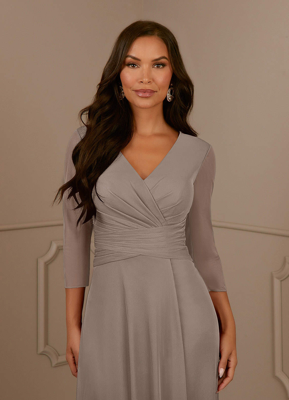 Taupe Mother Of The Bride Dresses A-Line Lace Sleeves V-Neck Long Chiffon Mother Of The Bride Dress