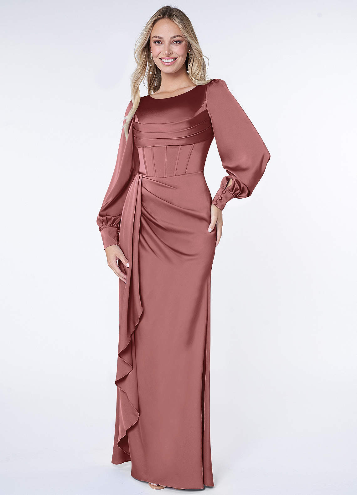 Azazie Raye At-home Try On Dresses Agave Mermaid Long Sleeve Stretch Satin Dress image1