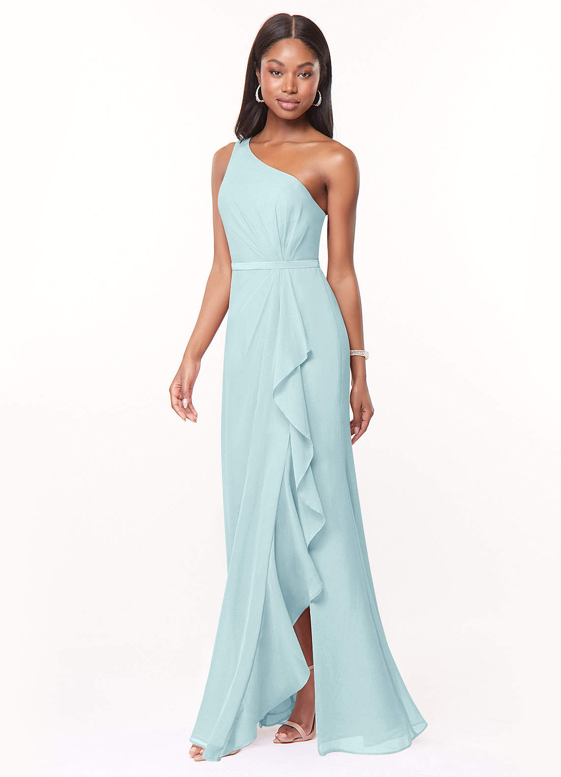 Azazie Liza Bridesmaid Dresses Sea Glass Mermaid One Shoulder Chiffon Dress image1