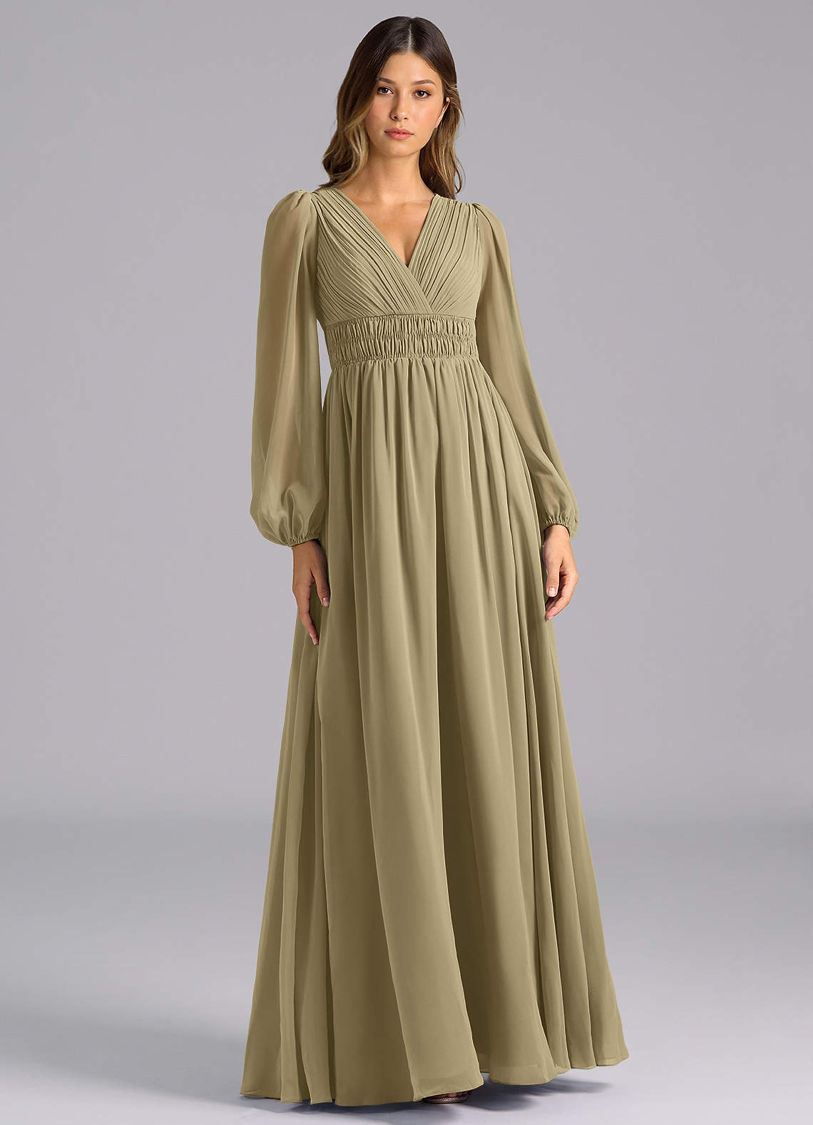 Azazie Palerma Brautjungfernkleider A-Linie Langarm Chiffon Kleid Moosgrün image1