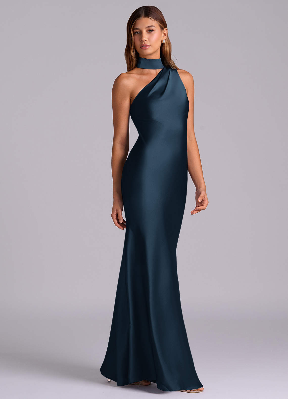 satin navy blue bridesmaid dresses Azazie Seona day wear Mama Casual Light Blue Oasis Ruffle Color:Dark Sea