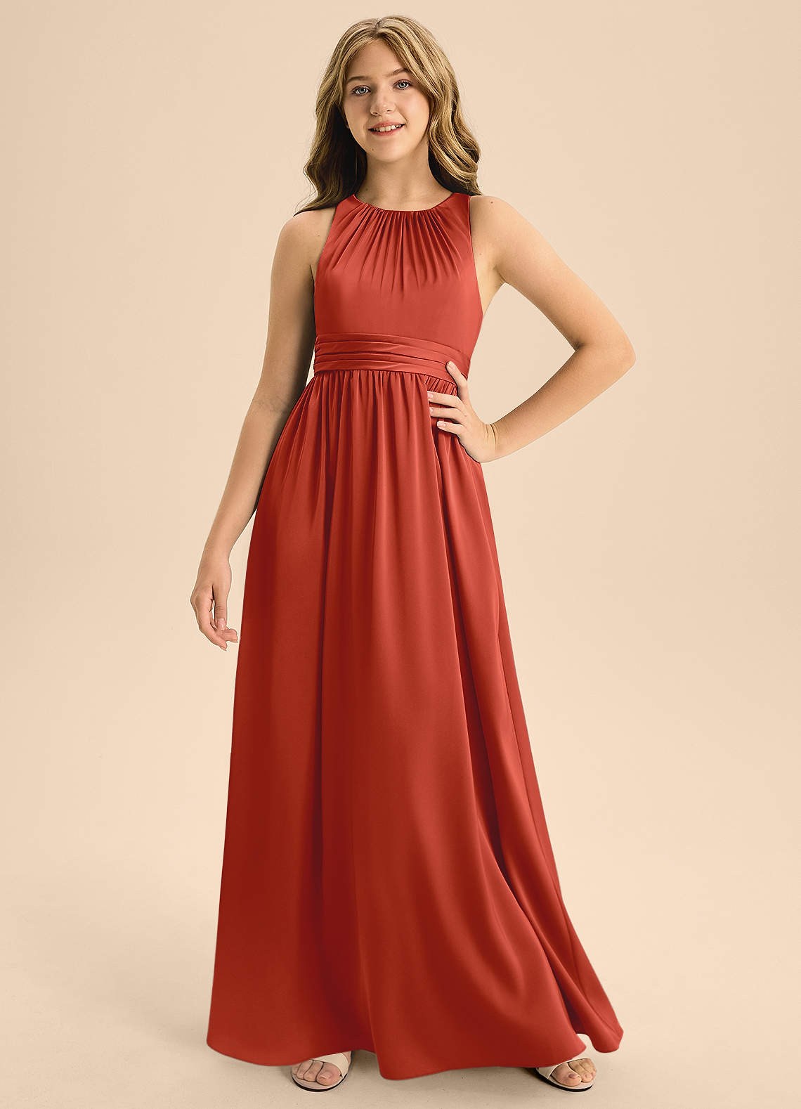 Azazie Jaylah Junior Rust A-Line Pleated Stretch Satin Dress image1