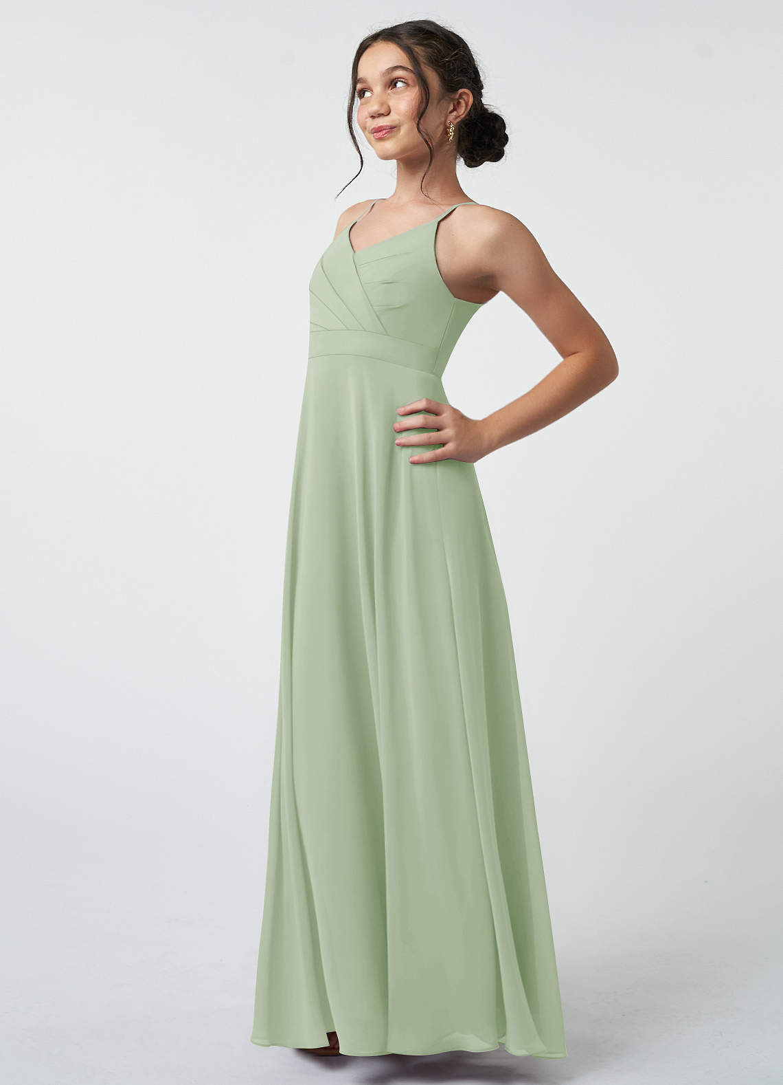 Azazie Avelina Junior Dusty Sage A-Line Pleated Chiffon Dress image3