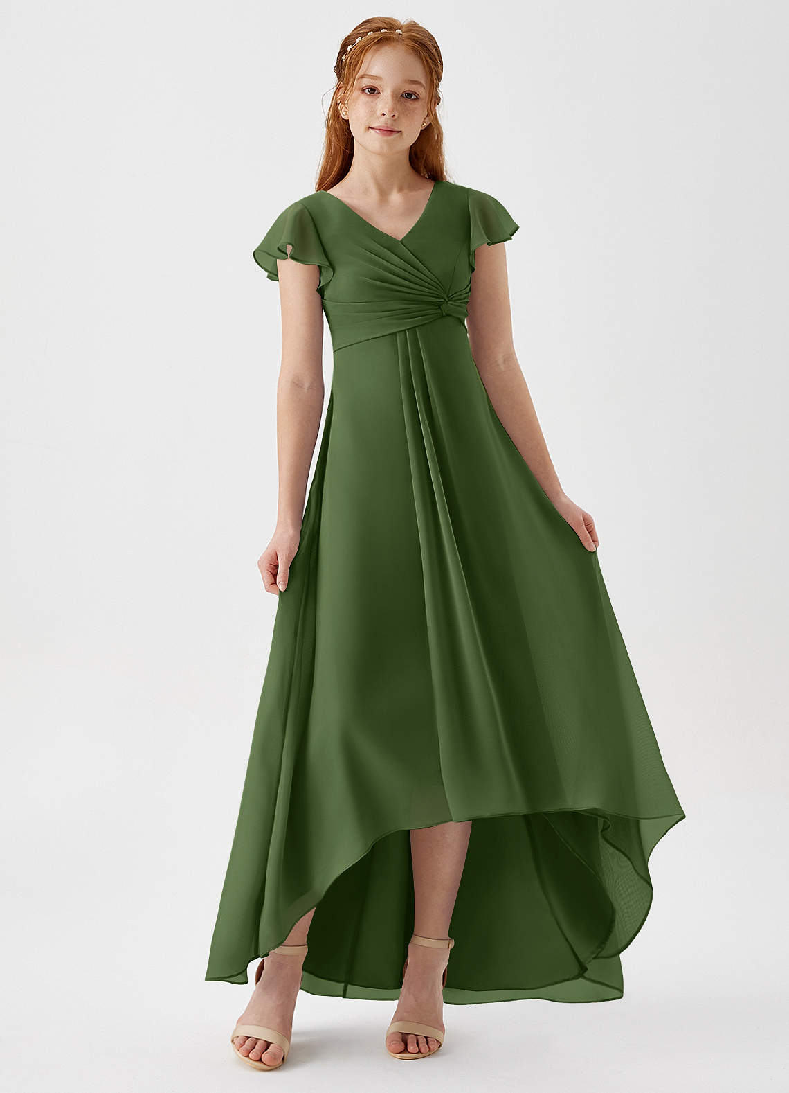 Azazie A-Line/Princess V-Neck Asymmetrical Chiffon Junior Bridesmaid Dresses - Olive Azazie A-Line/Princess V-Neck Asymmetrical Chiffon Junior Bridesmaid Dresses - Olive