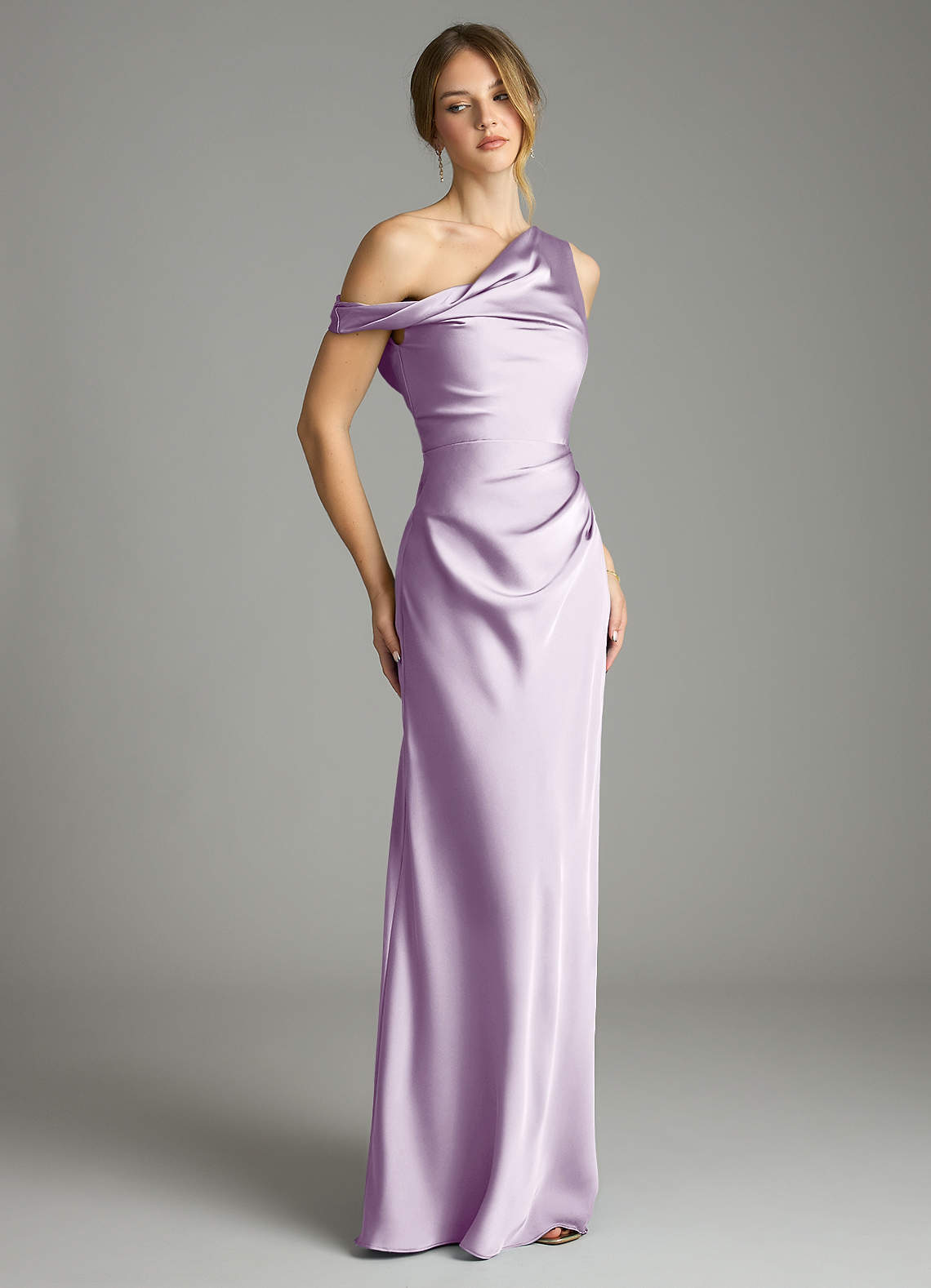 Azazie Emerson Bridesmaid Dresses Frosted Lilac Mermaid Off the Shoulder Stretch Satin Dress image4