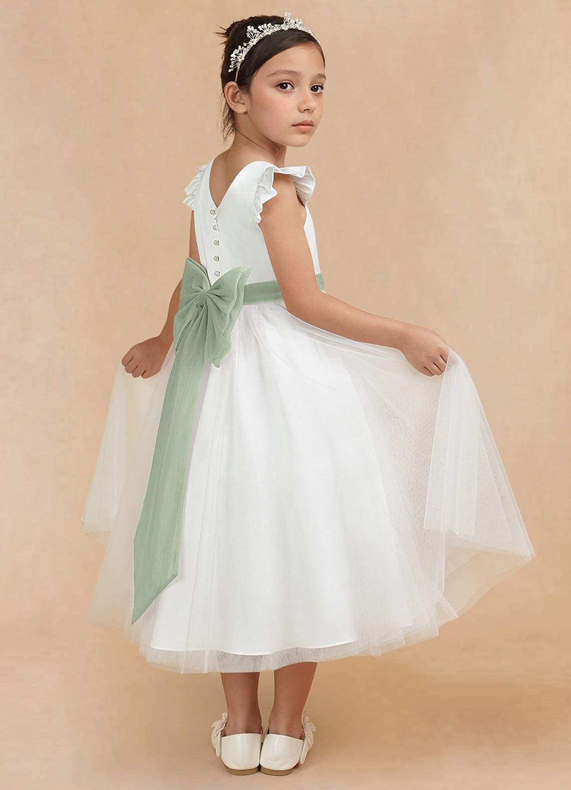 Azazie Hemi Flower Girl Dresses Ivory Dusty Sage A-Line Bow Tulle Dress image3