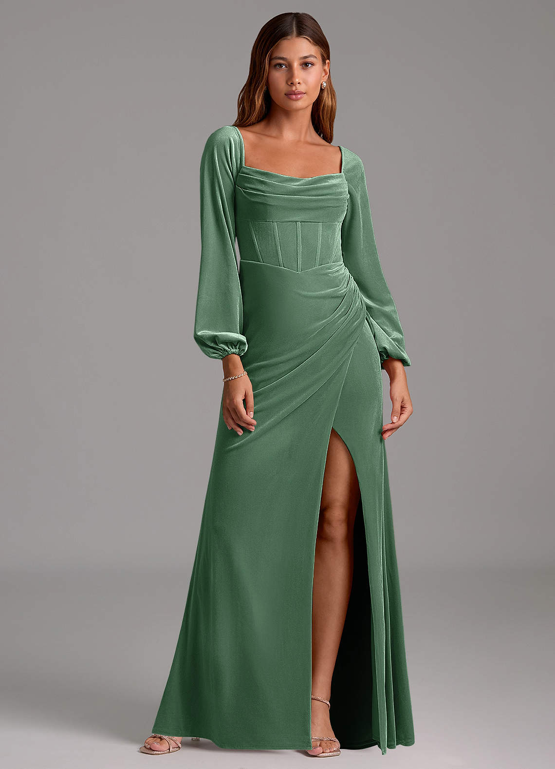 Azazie Charissa Bridesmaid Dresses Eucalyptus Sheath Long Sleeve Velvet Dress image1