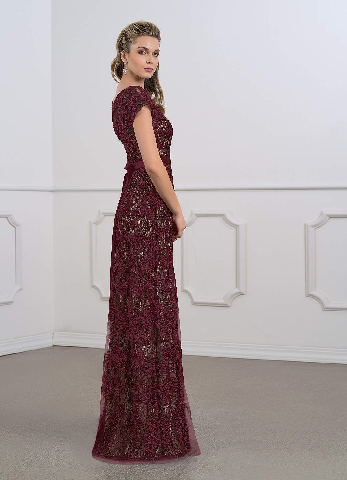 Azazie Dorit Cabernet Champagne Sheath Scoop Lace Dress Ready to