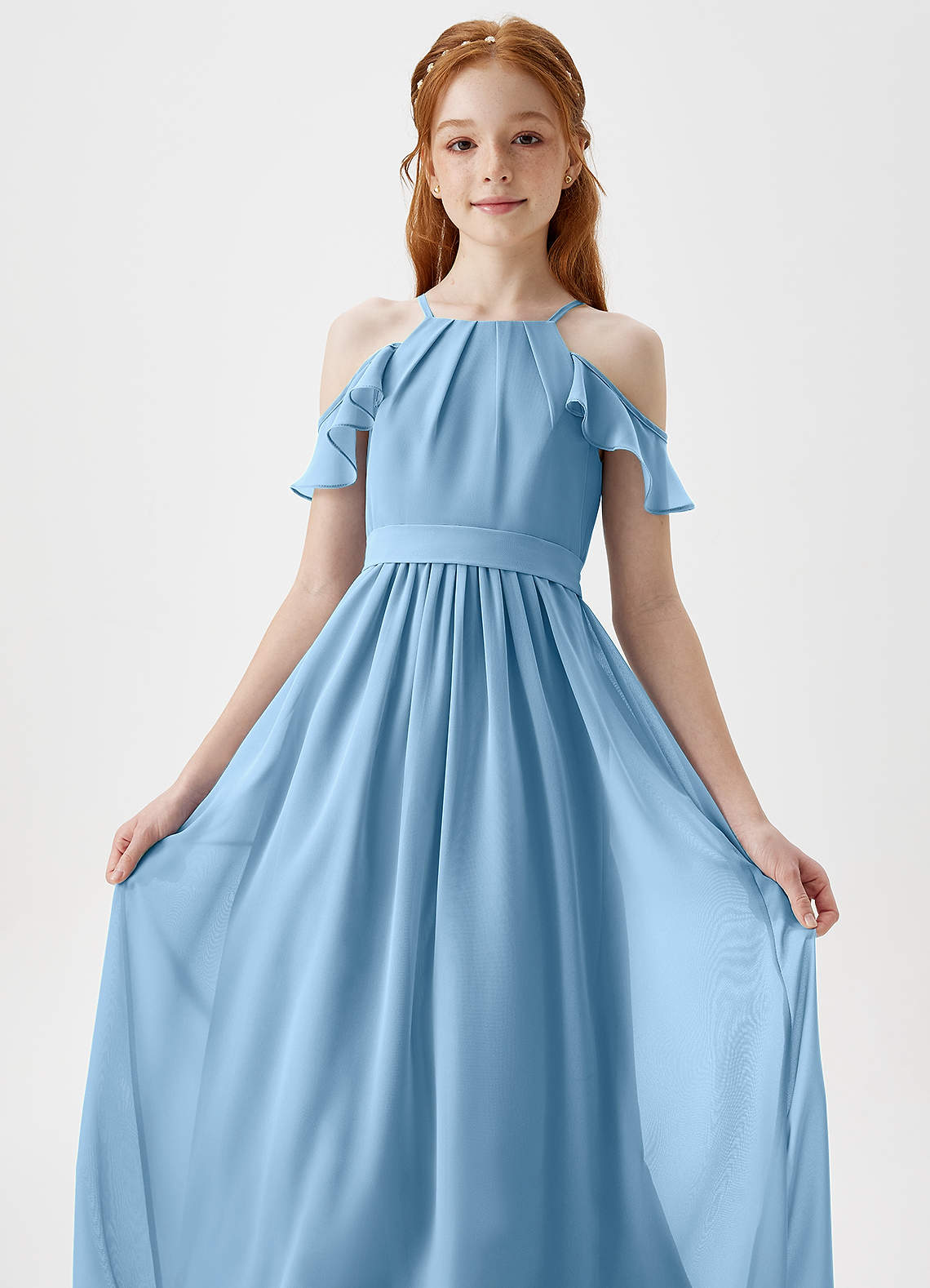 Azazie Chaya Junior Steel Blue A-Line Off the Shoulder Chiffon Dress image1