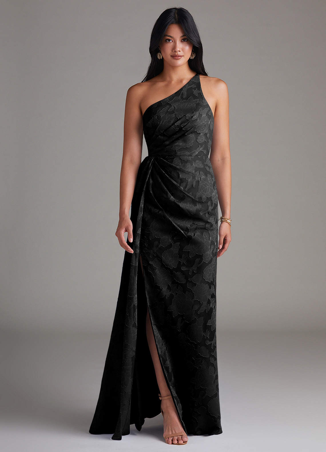Azazie Mika Bridesmaid Dresses Black Sheath One Shoulder Floral Burnout Dress image1