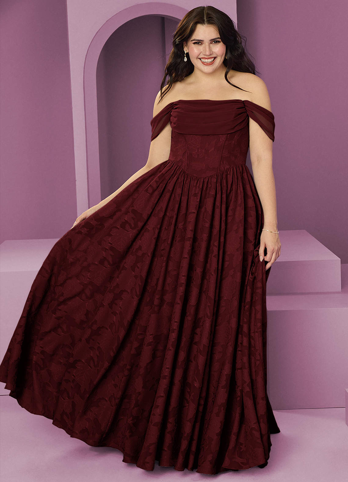 Barbie ♥ Azazie Bridesmaid Dresses Cabernet A-Line Off the Shoulder Floral Burnout Convertible Dress image1