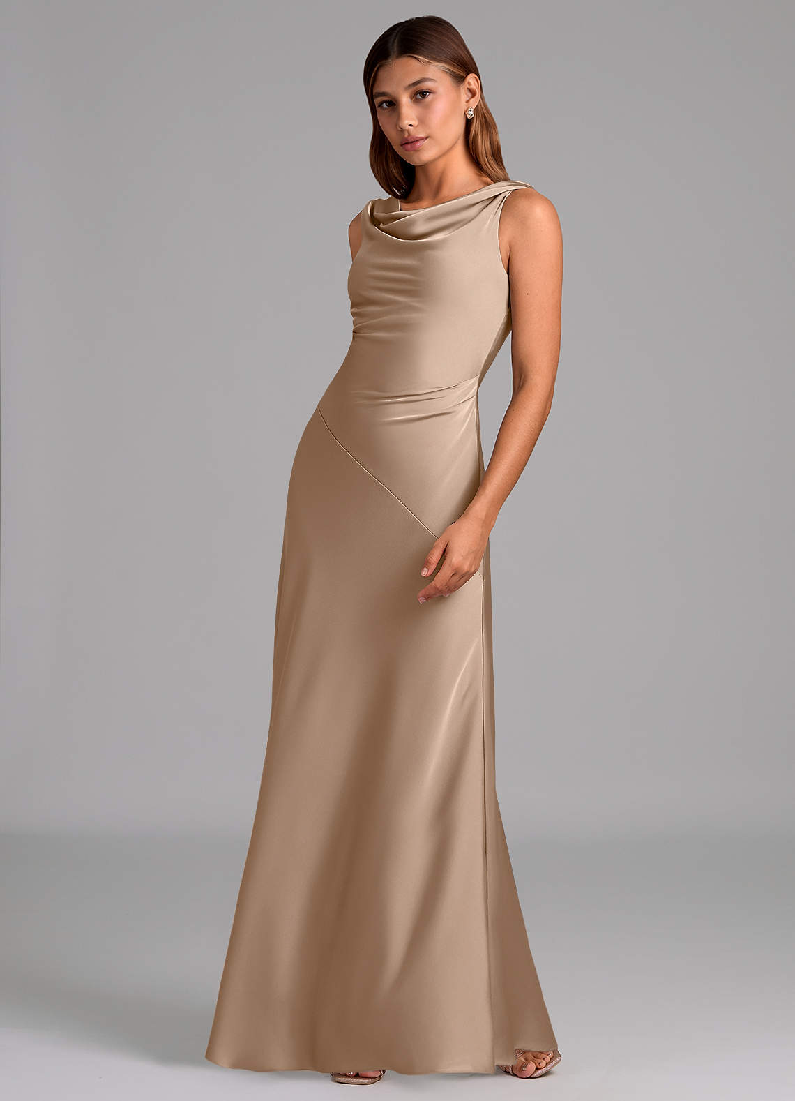 tan silk bridesmaid dresses Azazie Nerine