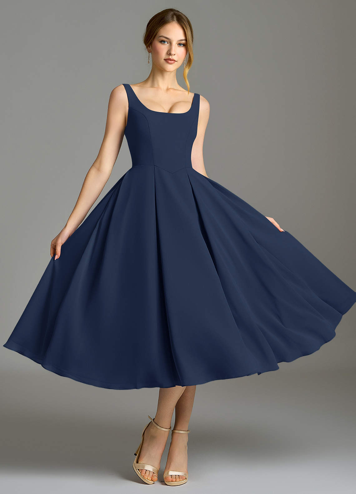 Azazie Amalie Klänningar att prova hemma Klä av A-Linje i Chiffong Plisserad Mörk Marinblå image4