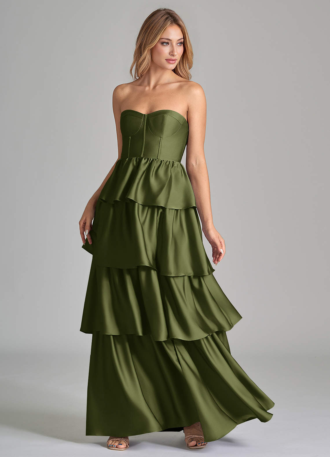 Azazie Faye Vestidos de madrinha de casamento Vestir Oliva de Cetim elástico de Linha A com Ruched image5