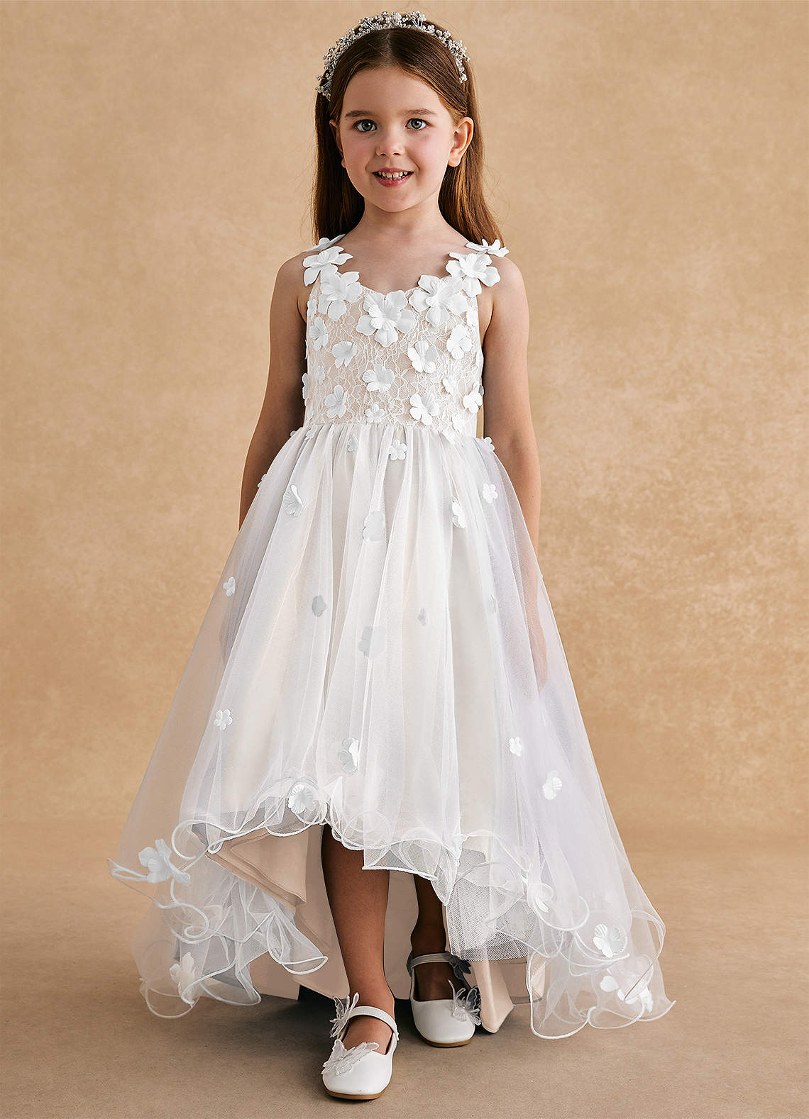 Azazie Celia Flower Girl Dresses White Alabaster A-Line Lace Tulle Dress image5