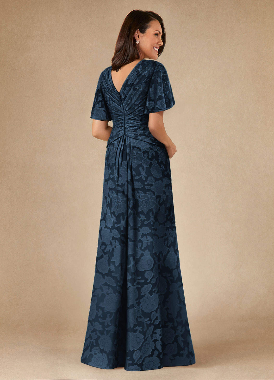 Azazie Emmeline Mother of the Bride Dresses Dark Navy A-Line Pleated Floral Burnout Dress image1