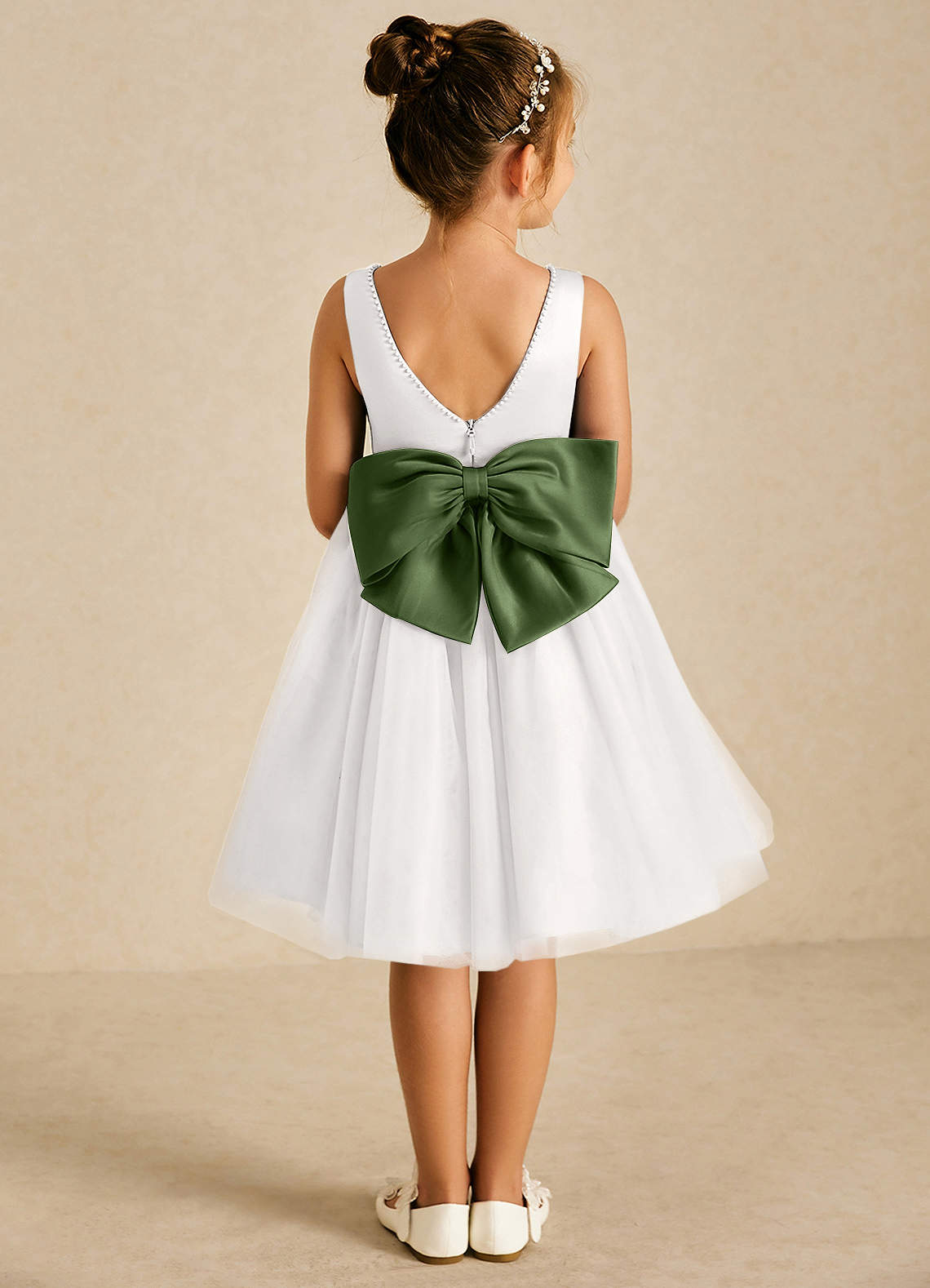 Azazie Seline Flower Girl Dresses Ivory Olive A-Line Bow Tulle Dress image1