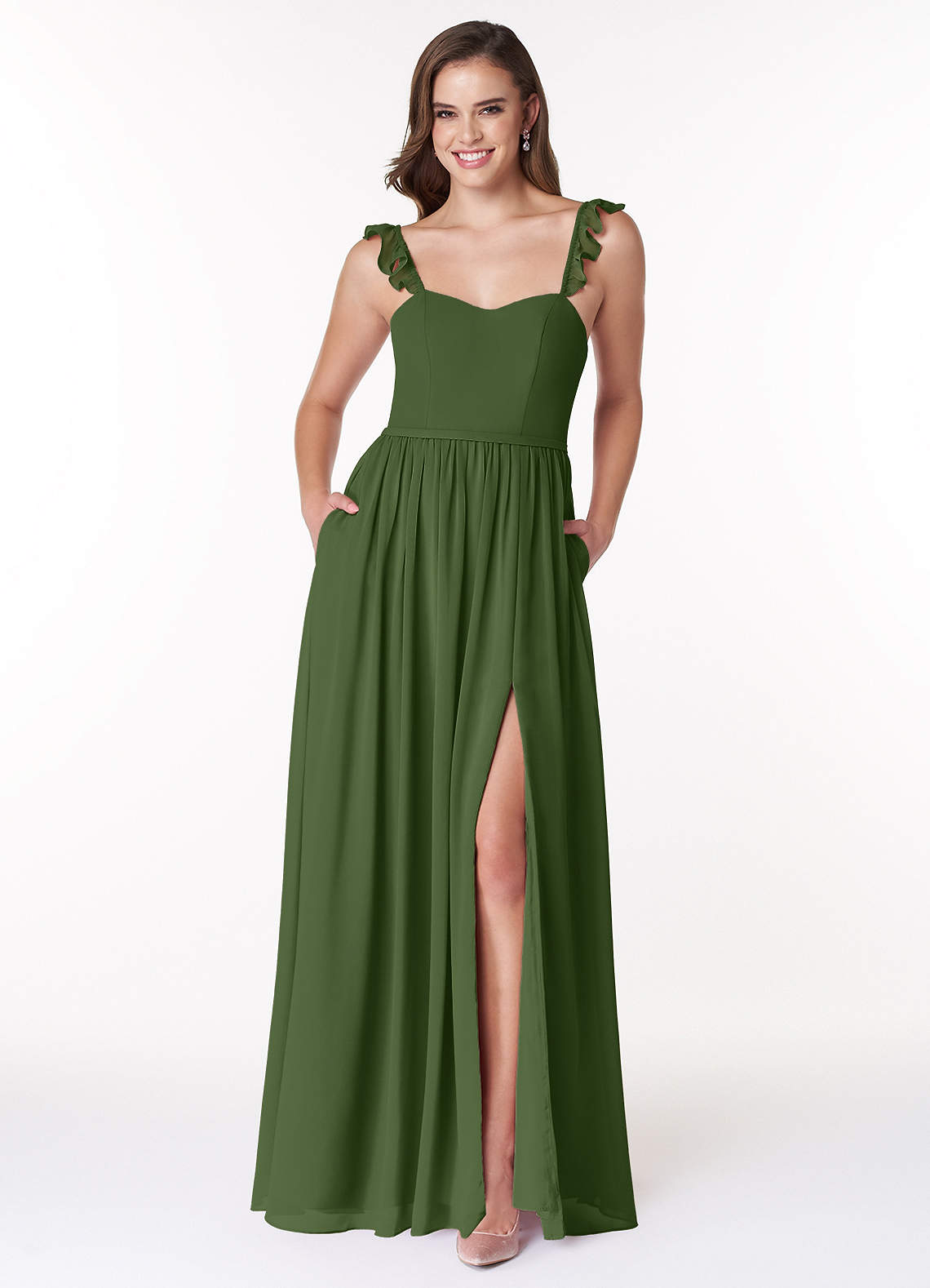 Azazie Metz Brautjungfernkleider A-Linie Herzchen Gerüscht Chiffon Kleid Olivgrün image1