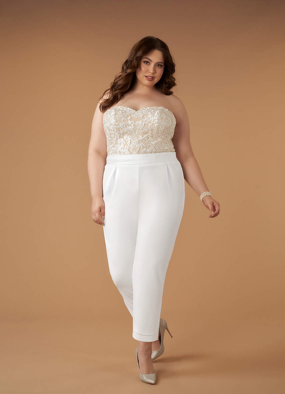 Azazie Tiffany Wedding Dresses Diamond White Champagne Pant Styles Lace Stretch Crepe Dress image9
