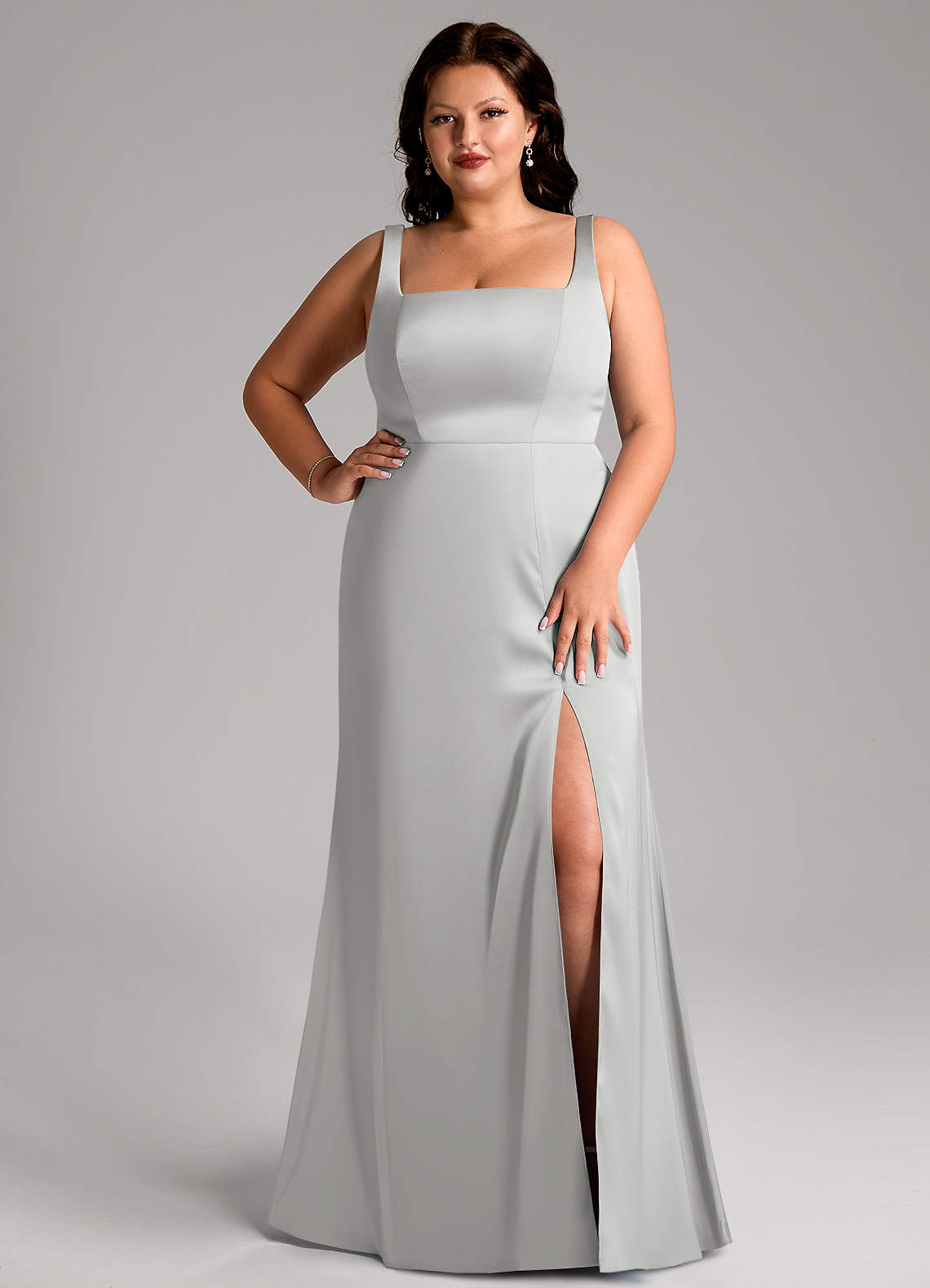 Azazie Frostine Bridesmaid Dresses Silver A-Line Bow Stretch Satin Dress image13