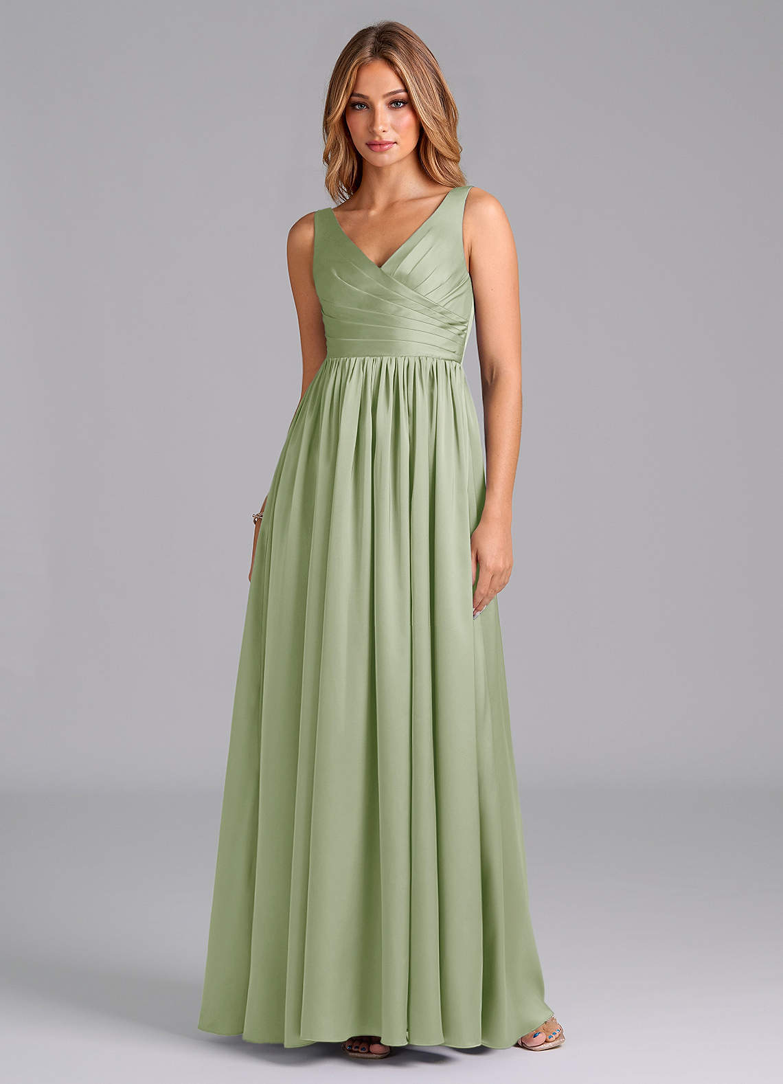 Azazie Keyla Bridesmaid Dresses Dusty Sage A-Line Pleated Stretch Satin Dress image1
