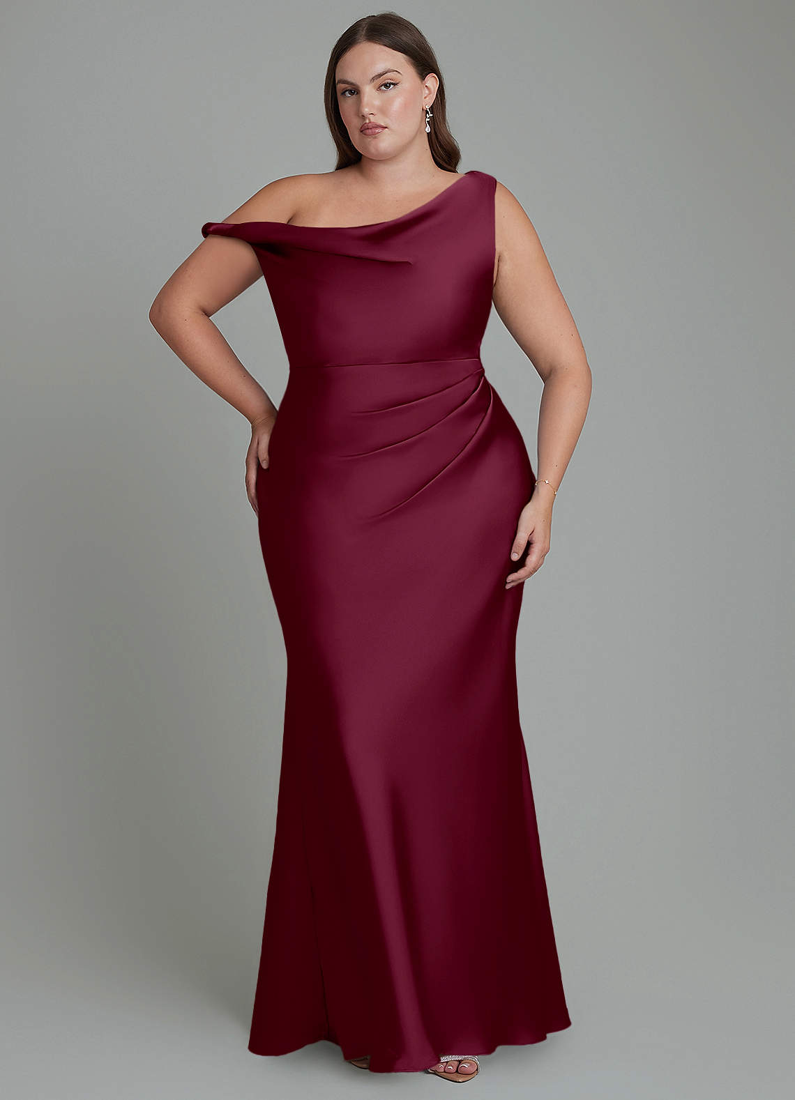 Azazie Emerson Bridesmaid Dresses Mulberry Mermaid Off the Shoulder Stretch Satin Dress image7