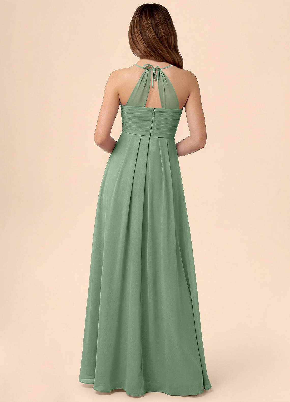 Azazie Ginny Junior Abito A-Line in Chiffon Plissettato Matcha image3