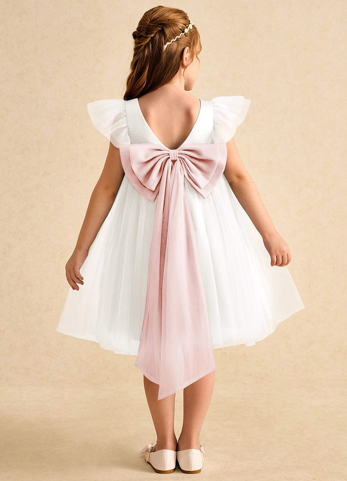 Azazie Munchkin Ivory Blushing Pink A-Line Bow Tulle Dress | Azazie