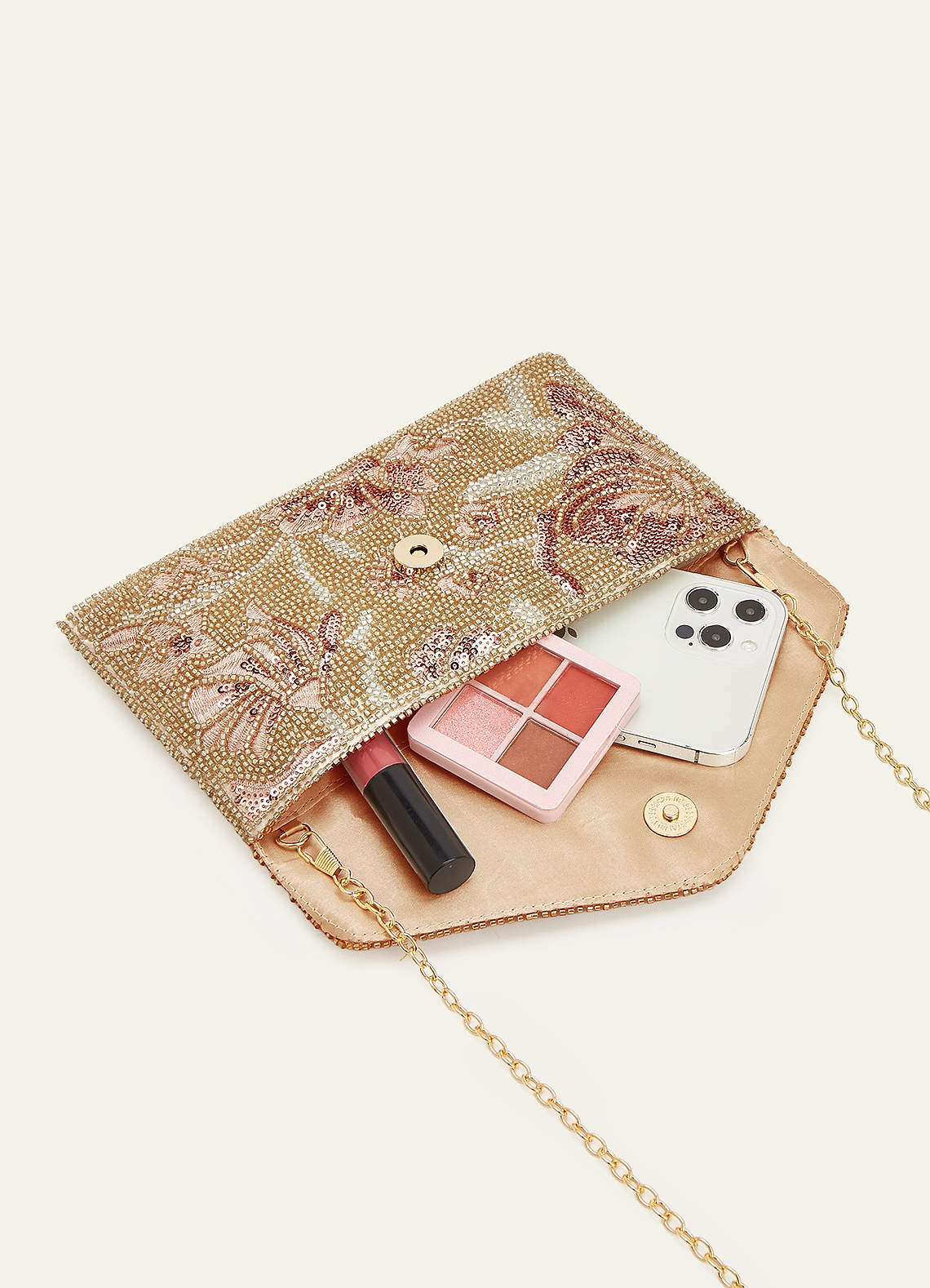 front Beaded Sequin Floral Envelope Clutch