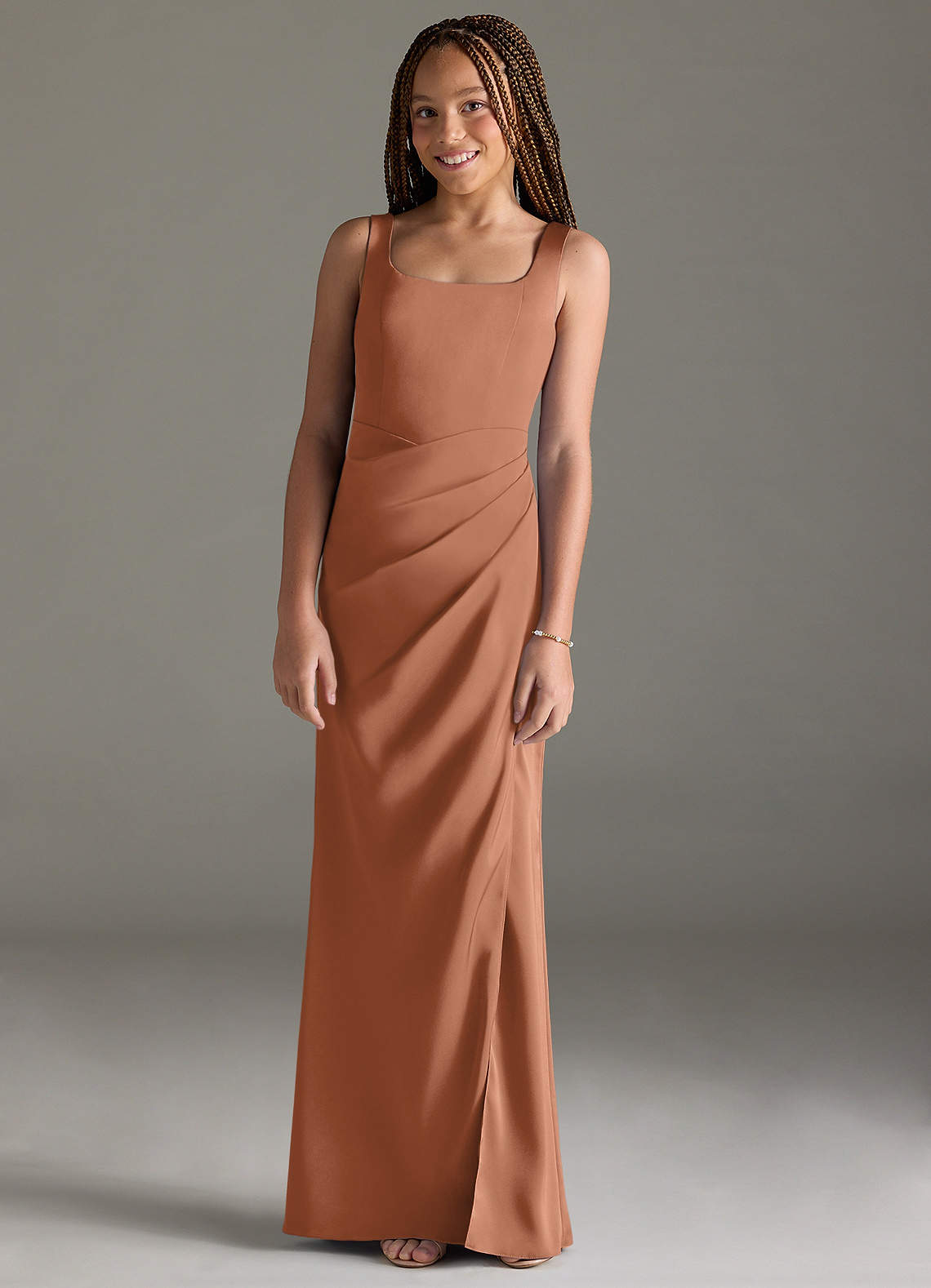 Azazie Mero Junior Bronzer Mermaid Pleated Stretch Satin Dress image1