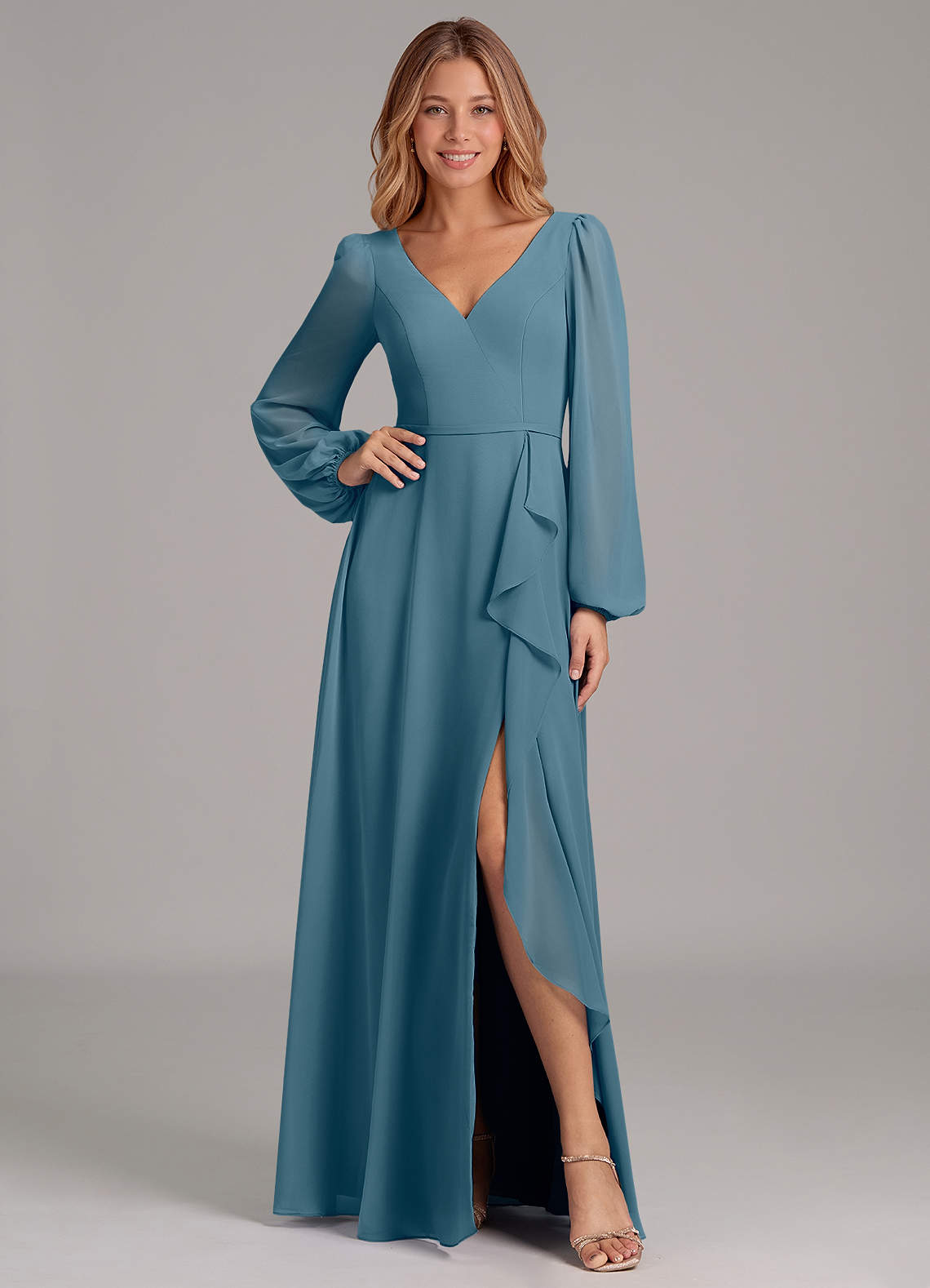 Azazie Simone Bridesmaid Dresses Bermuda A-Line Long Sleeve Chiffon Dress image1