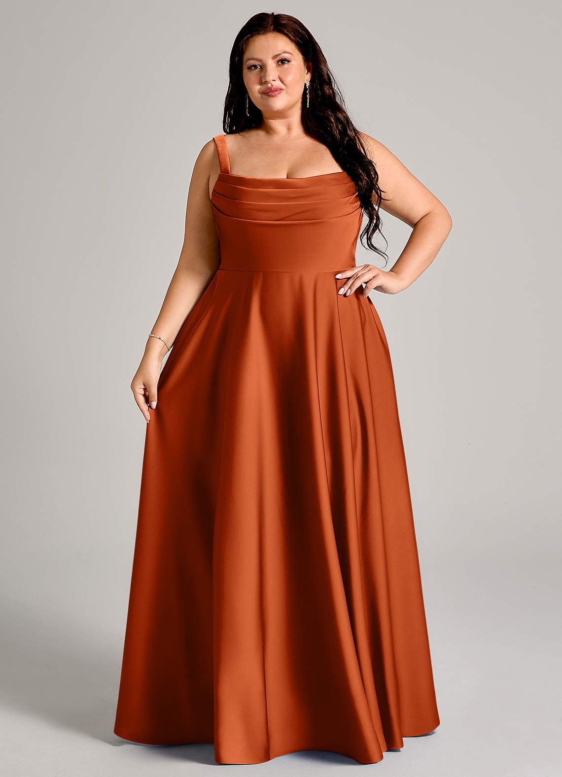 Azazie Shaude Bridesmaid Dresses Burnt Orange A-Line Pleated Stretch Satin Dress image11