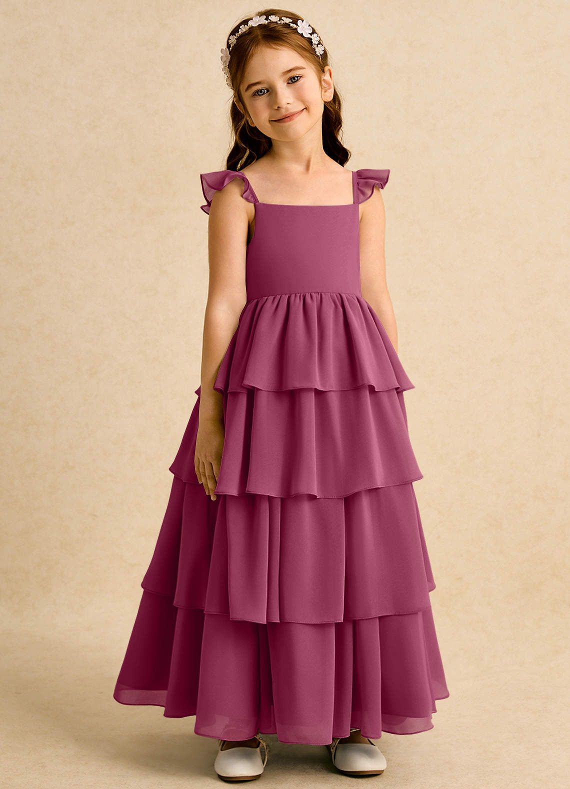 Azazie Boba vestidos de niña de las flores Vestido de Mora de Gasa de Corte En A con Escote Cuadrado image1