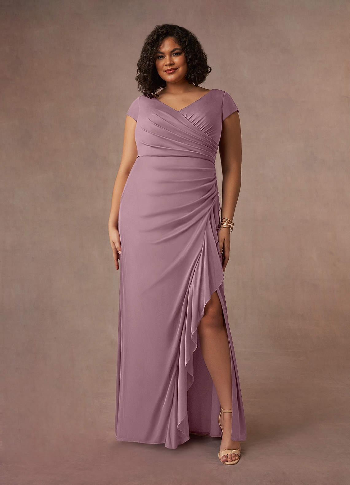 Azazie Roya Mother of the Bride Dresses Dusty Rose Mermaid V-Neck Pleated Mesh Dress image6