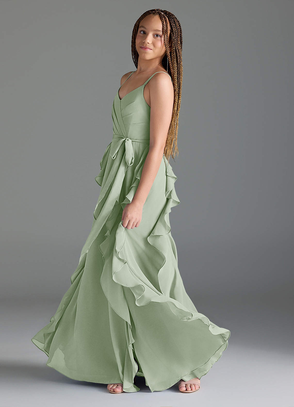 Azazie Peyton Junior Vestir Dusty Sage de Chiffon de Linha A com Plissado image3