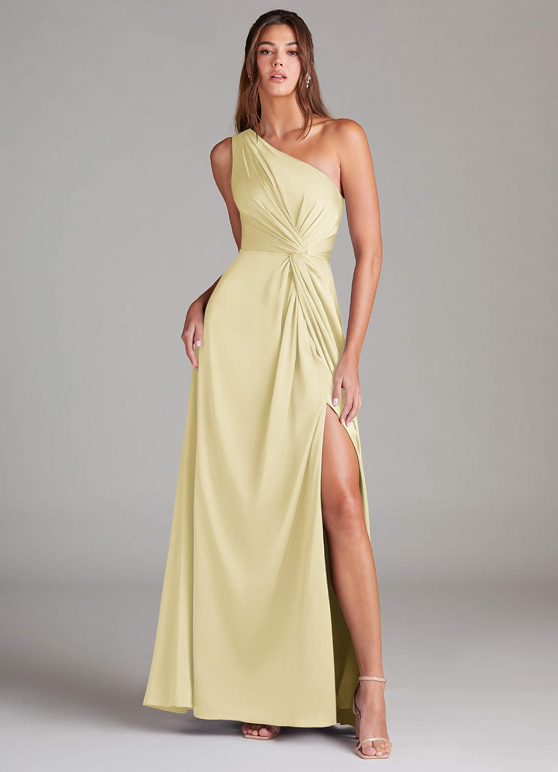 Azazie A-Line One-Shoulder Floor-Length Stretch Satin Bridesmaid Dresses - Lemon Sorbet