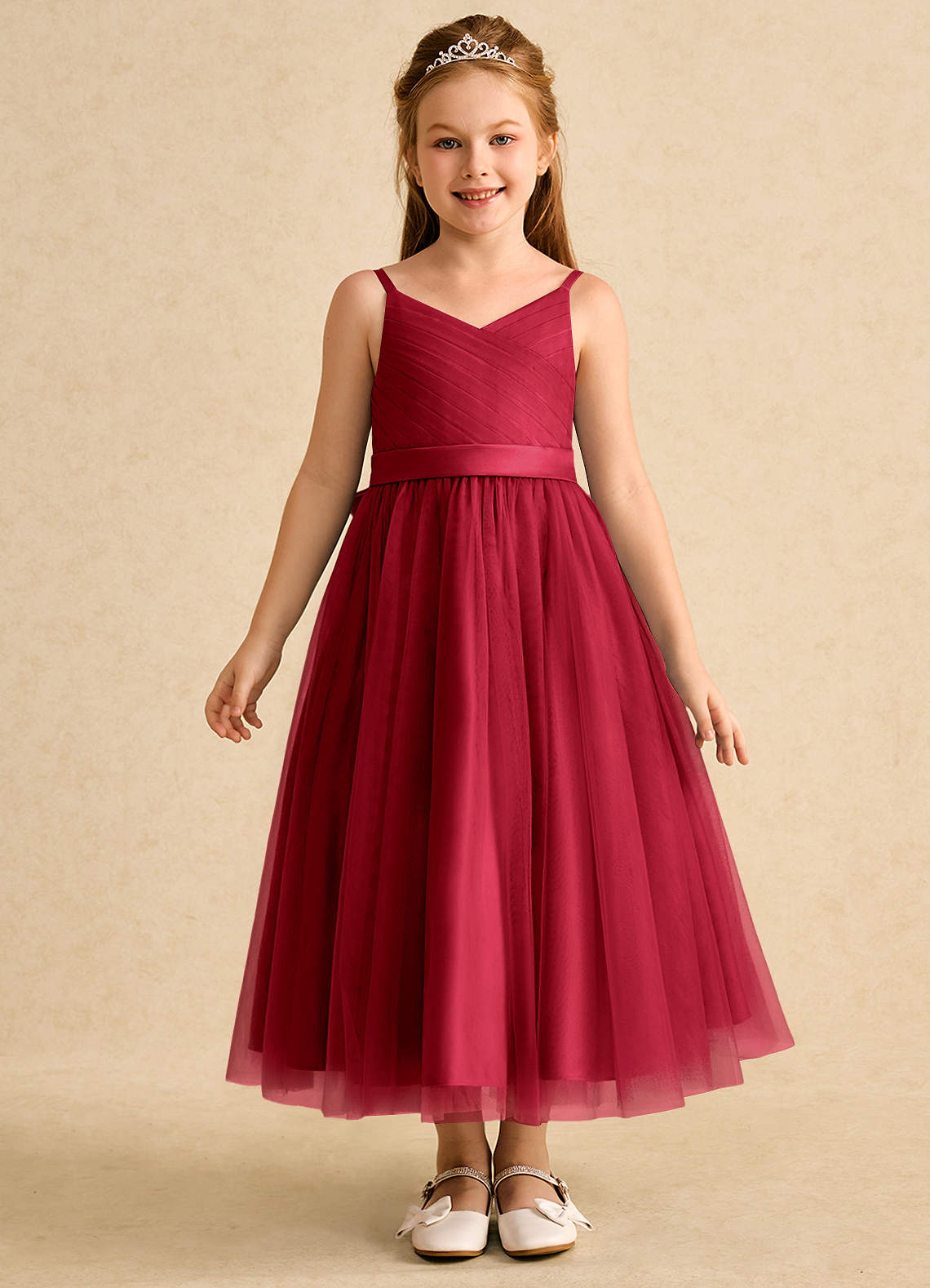 Azazie Patootie vestidos de niña de las flores Vestido de Escarlata de Tul de Corte En A con Tirante Espagueti image1