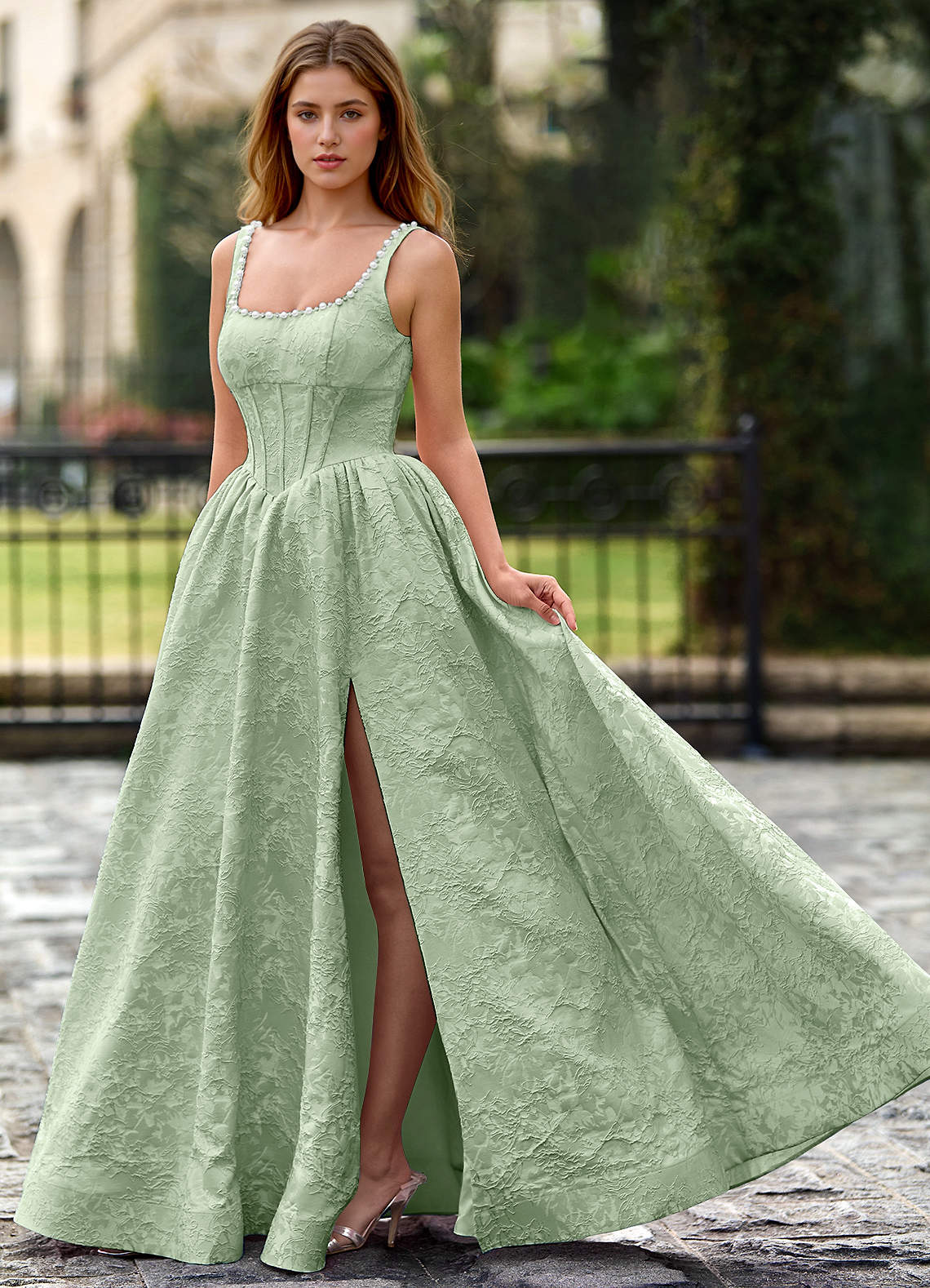 Thyme Sage A-line 3D Flowers Prom Dress | Azazie