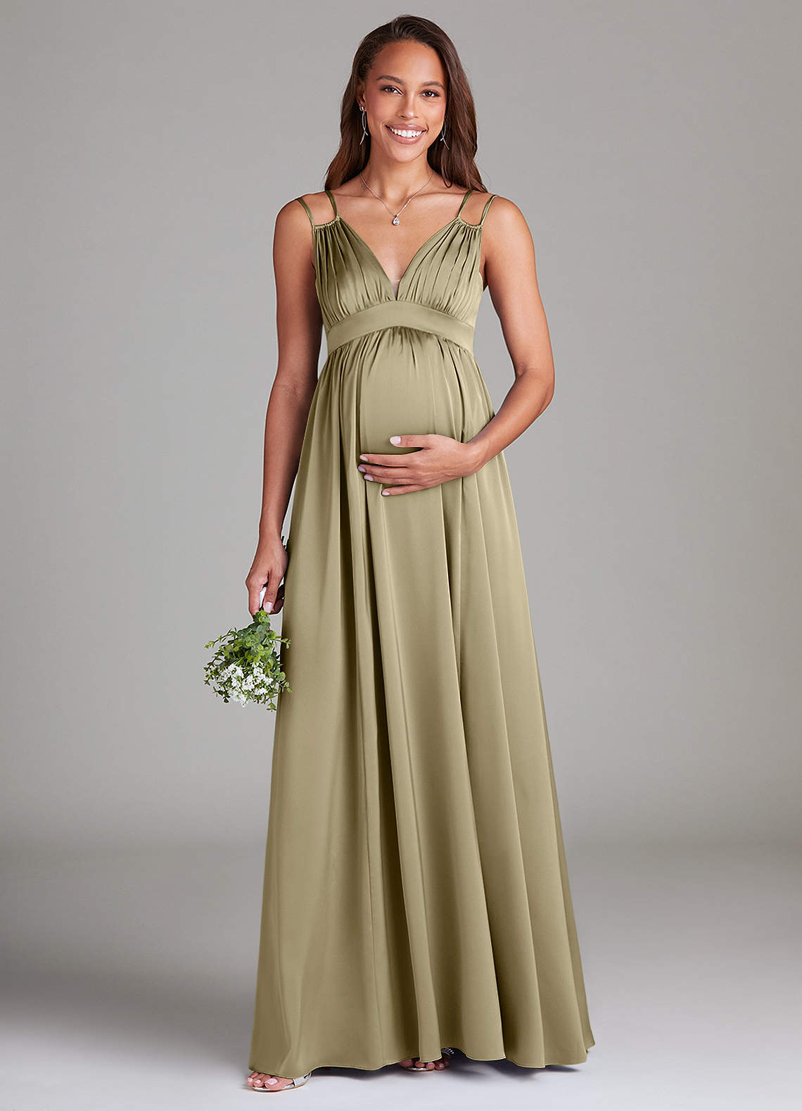 Azazie Emree Maternity Bridesmaid Dresses A-Line Stretch Satin Floor-Length Dress with Pockets image1