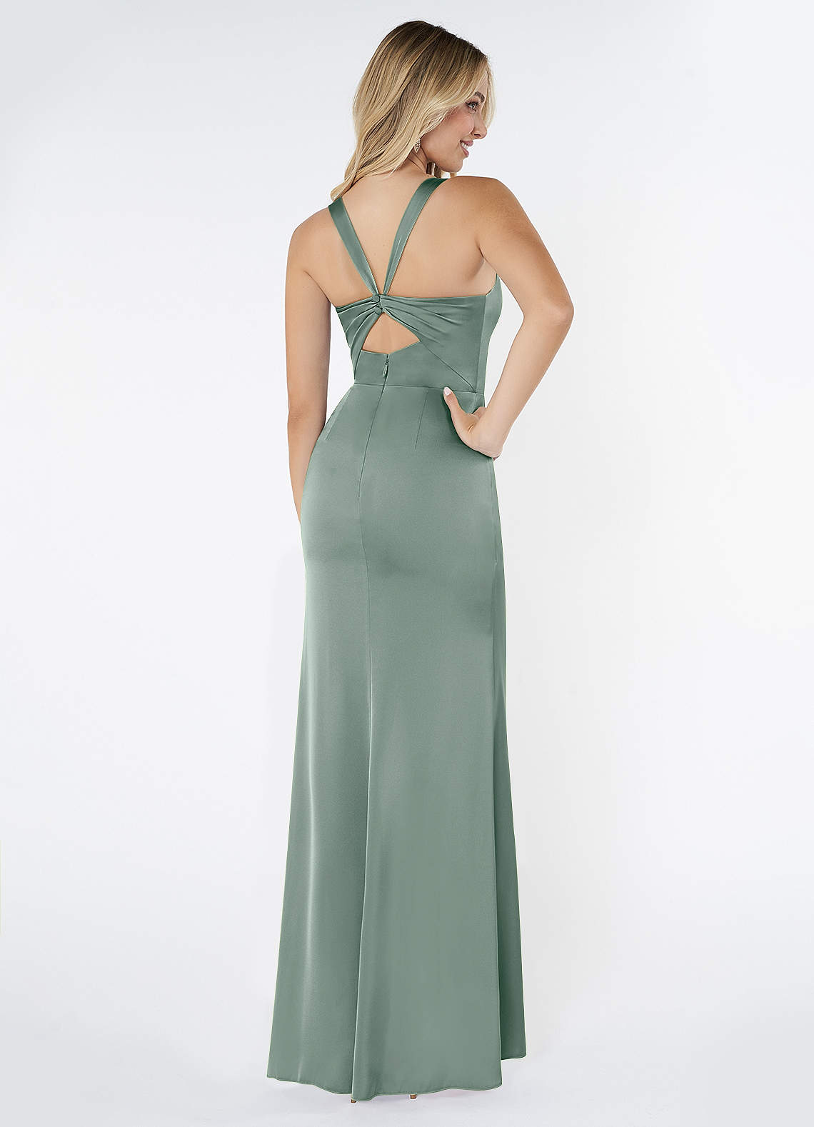 Azazie Mero Bridesmaid Dresses Silver Sage Mermaid Pleated Stretch Satin Dress image2