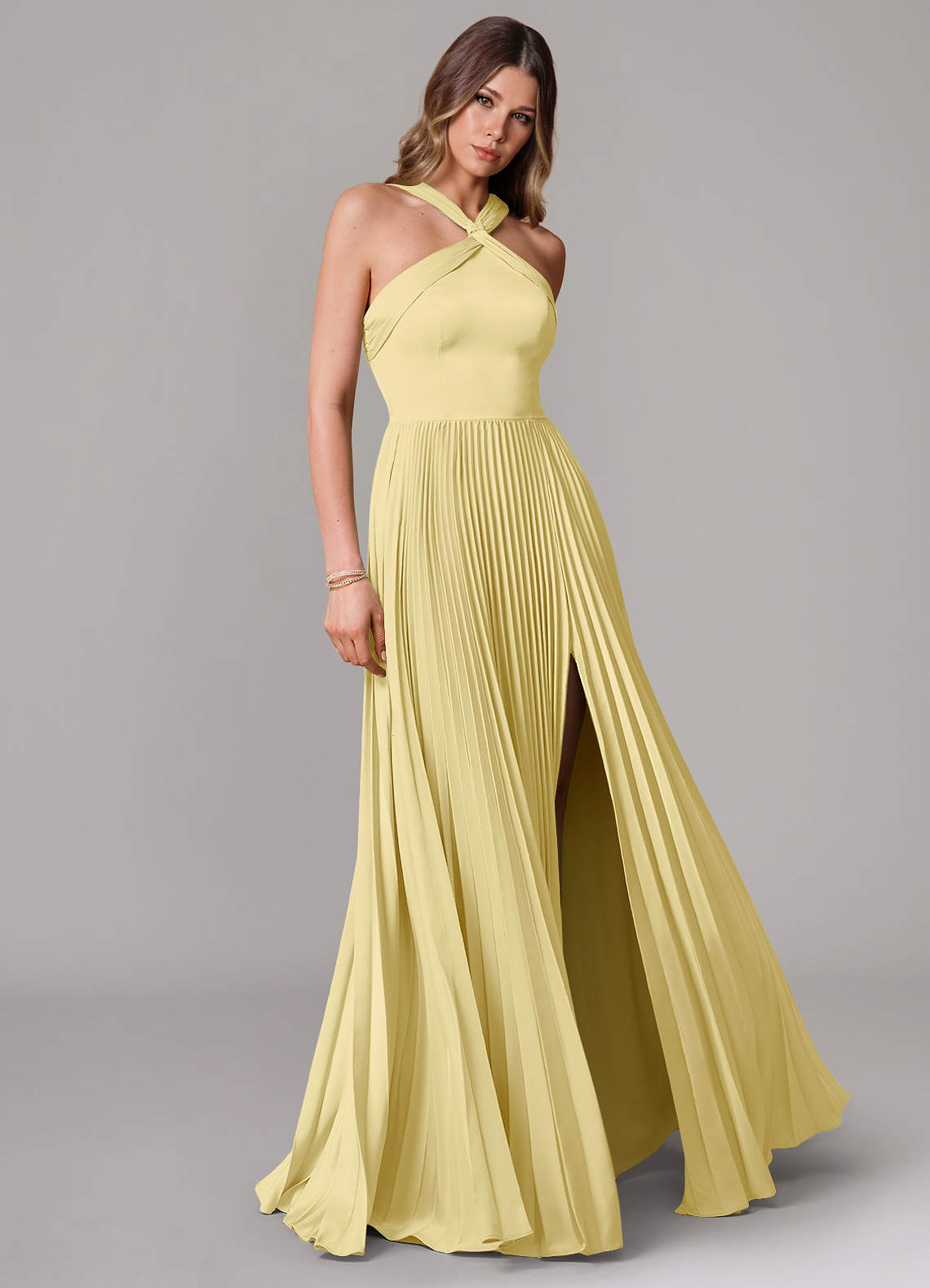 Azazie Afra Bridesmaid Dresses Lemon Sorbet A-Line Pleated Stretch Satin Dress image1