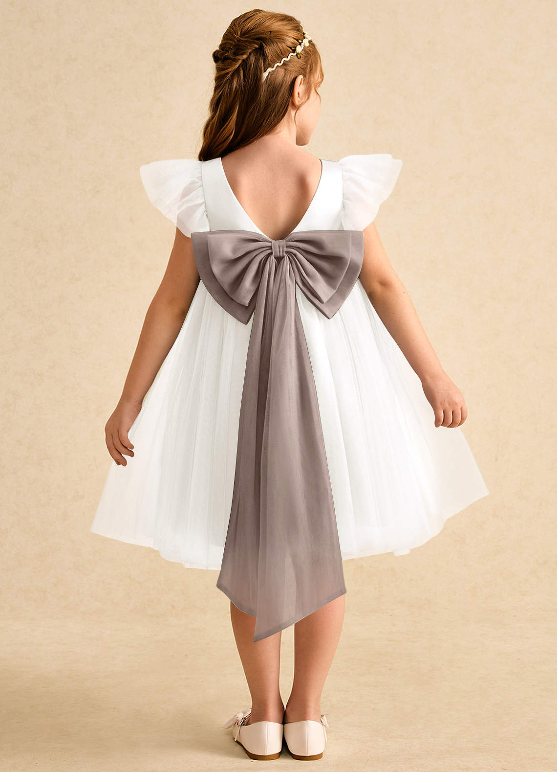 Azazie Munchkin Flower Girl Dresses Ivory Taupe A-Line Bow Tulle Dress image1