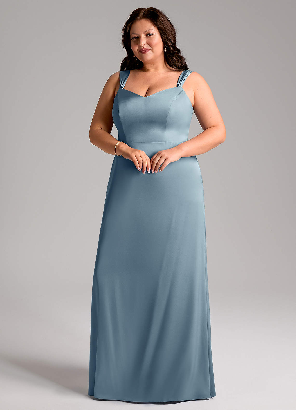 Azazie Denice Bridesmaid Dresses Dusty Blue Sheath Pleated Stretch Satin Dress image5