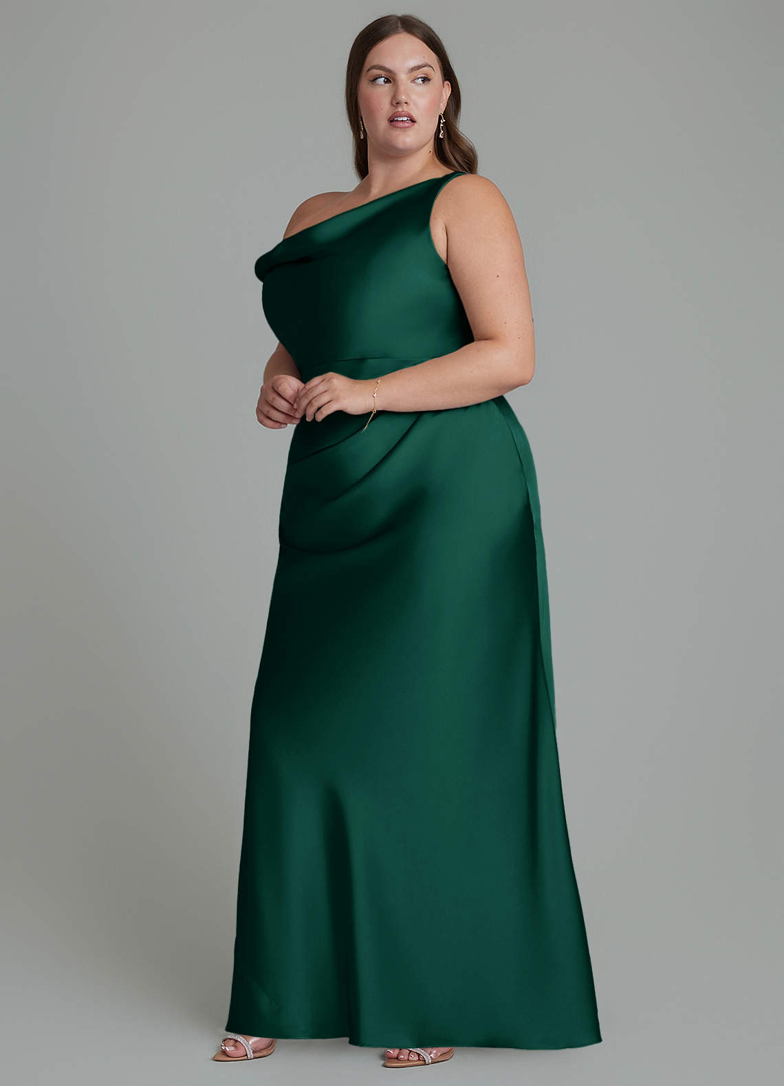 Azazie Emerson At-home Try On Dresses Emerald Mermaid Off the Shoulder Stretch Satin Dress image9