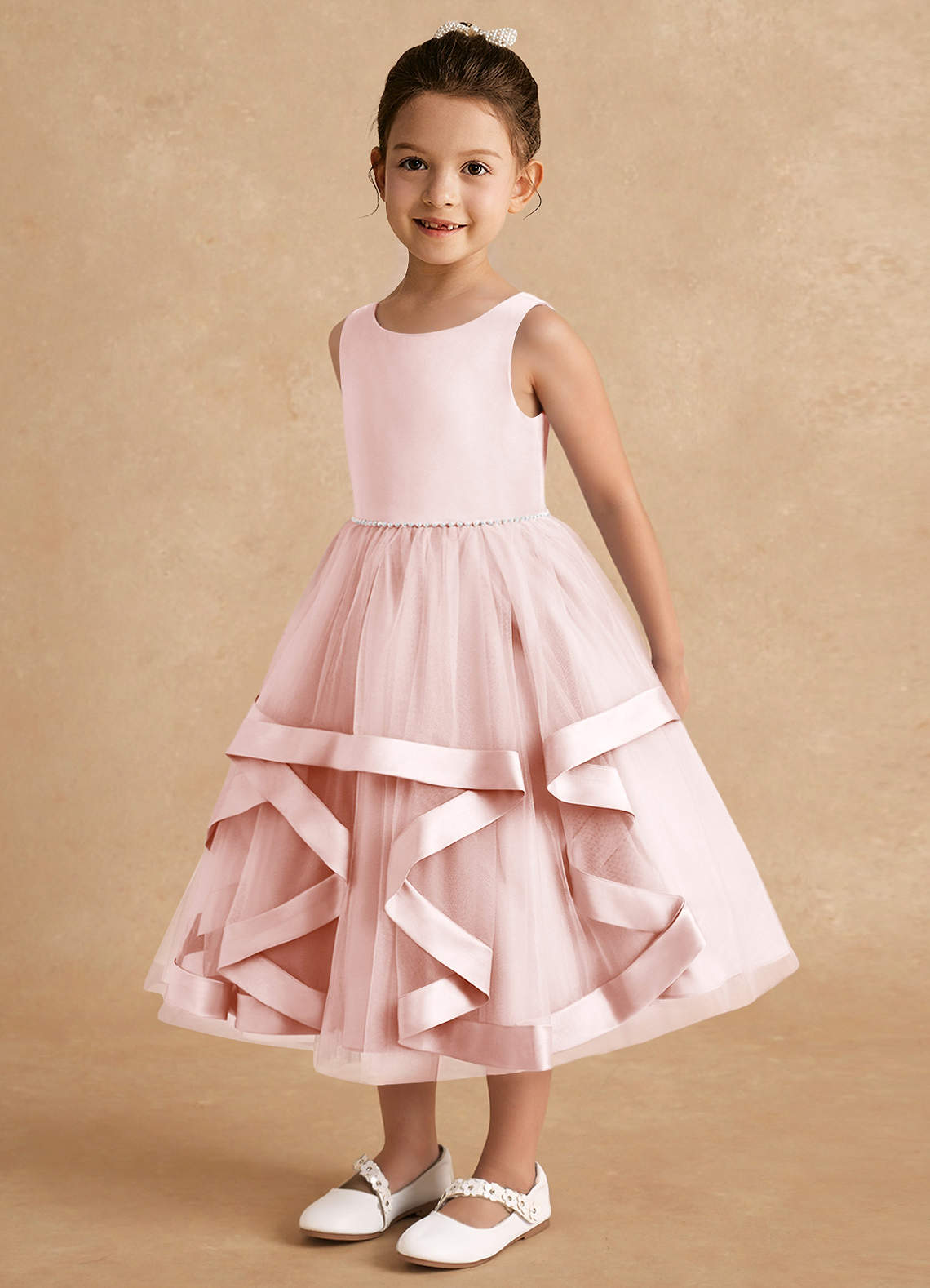Azazie Posy Flower Girl Dresses Blushing Pink A-Line Beaded Tulle Dress image2