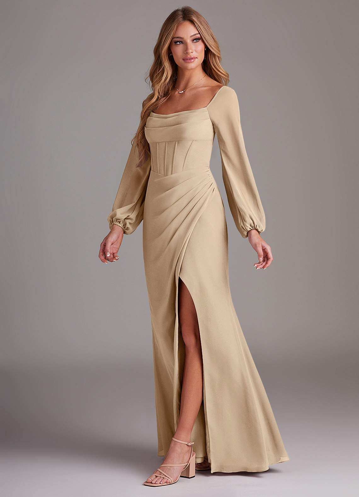 Azazie Sheath Cowl Long Sleeve Floor-Length Chiffon Bridesmaid Dresses - Champagne Azazie Sheath Cowl Long Sleeve Floor-Length Chiffon Bridesmaid Dresses - Champagne