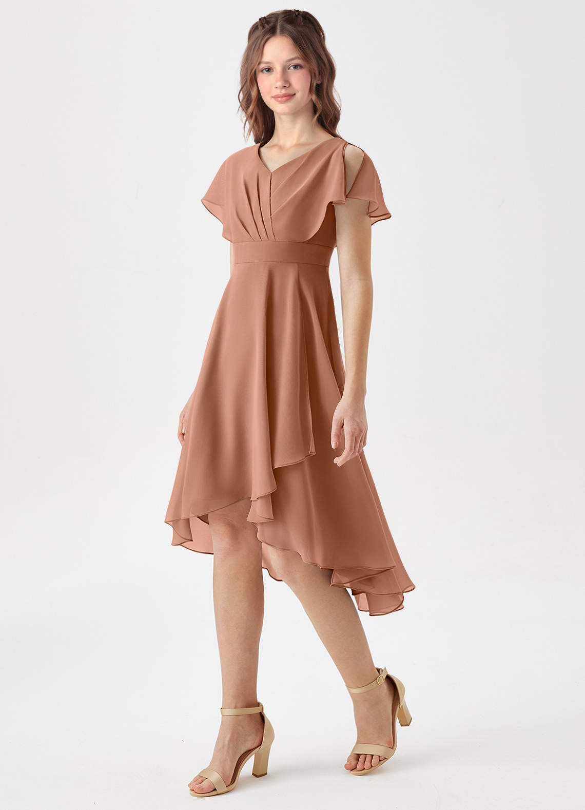 Azazie Graciela Junior Bronzer A-Line Pleated Chiffon Dress image1
