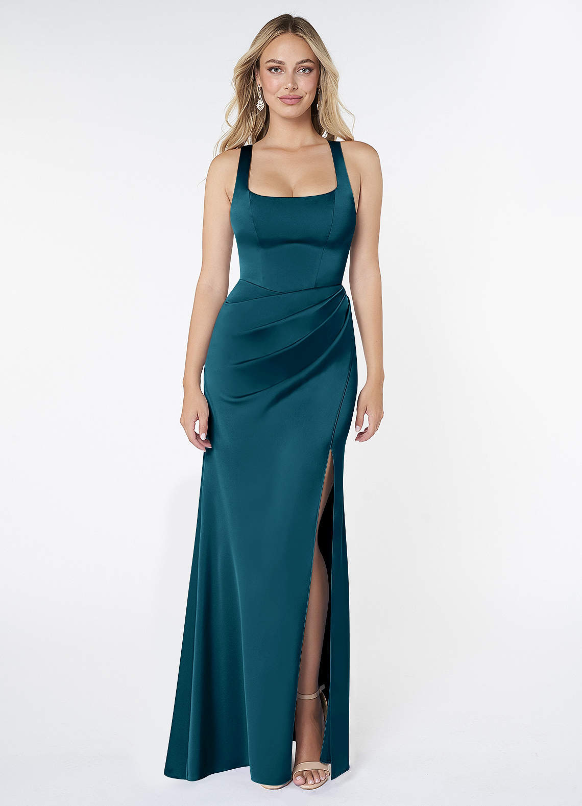 Azazie Mero Bridesmaid Dresses Ink Blue Sheath Pleated Stretch Satin Dress image1