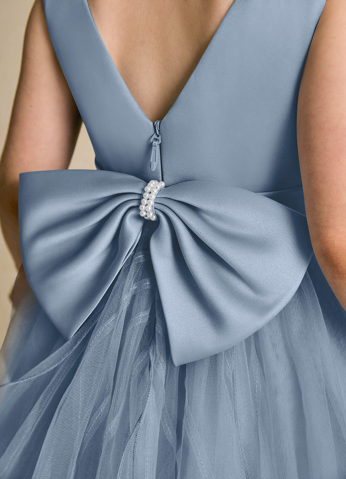 Azazie Pear Flower Girl Dresses Dusty Blue Ball-Gown Bow Tulle Dress image5